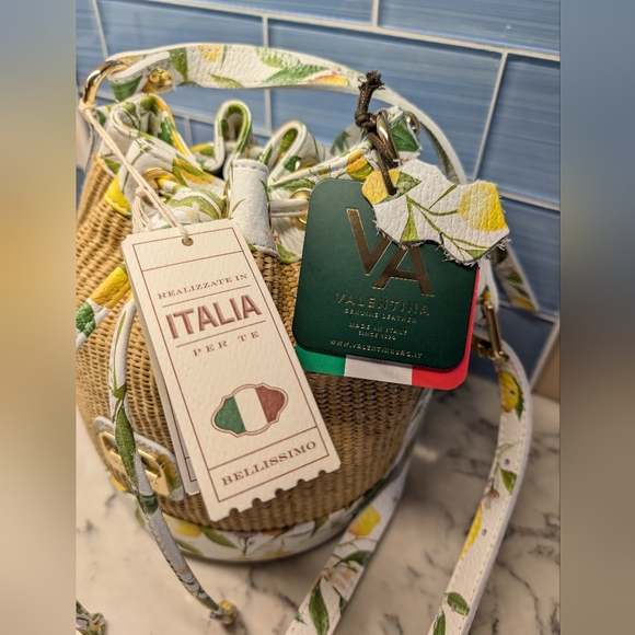 Valentina Raffia Lemon Leather Trim Woven Bucket Bag - Picture 2 of 9